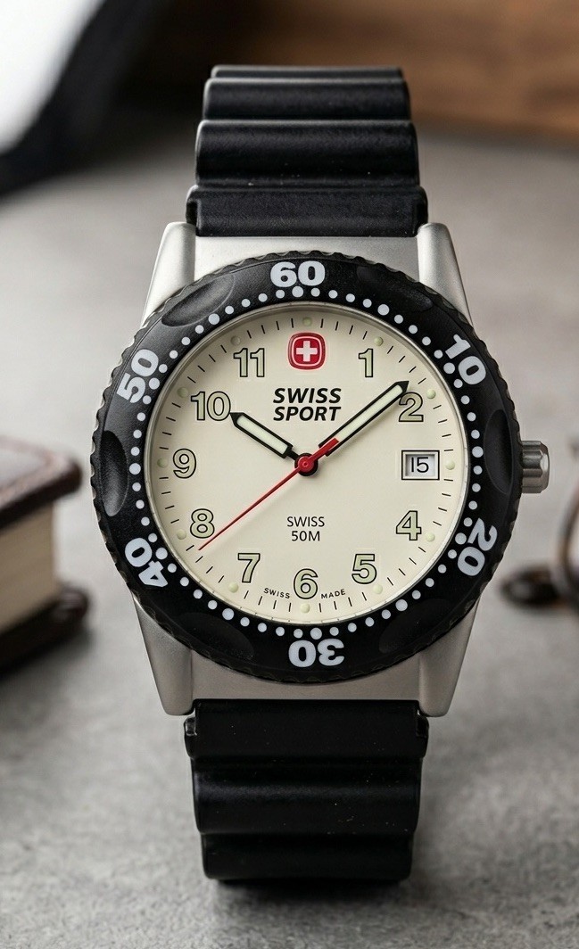 Vintage Swiss Sports Military Field Watch 095.0430 Luminous Dial, Diver Bezel