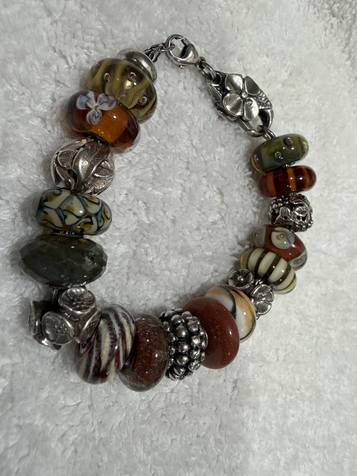 Trollbeads SS 7.5 inch Charm Bracelet with 17 Retired Charms in Browns & Tans