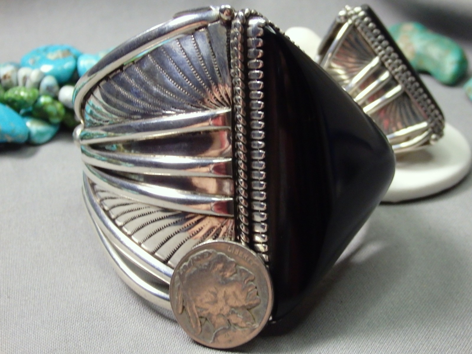 NAVAJO Yazzie Black ONYX Sterling Silver 114g 7″size Cuff & 36g Ring sz8.5 RARE