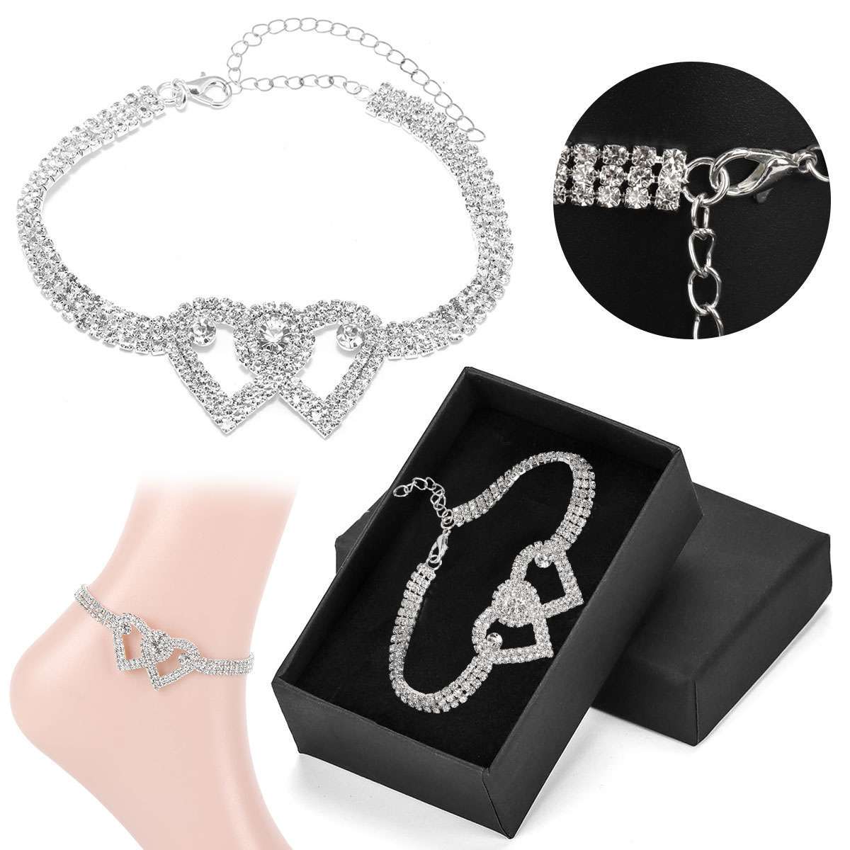 Double Heart Anklet Bracelet Love Barefoot Chain Bling Crystal Ankle Bracelet US