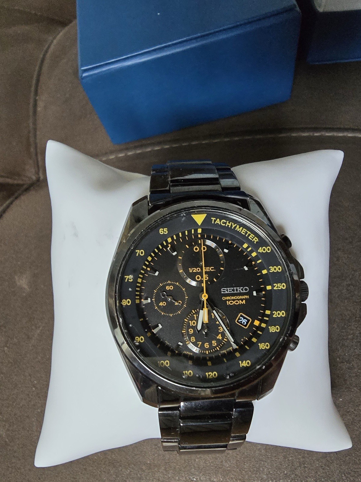 Seiko Chronograph 100M Black Stainless Steel Mens Watch Box Manual 7T92