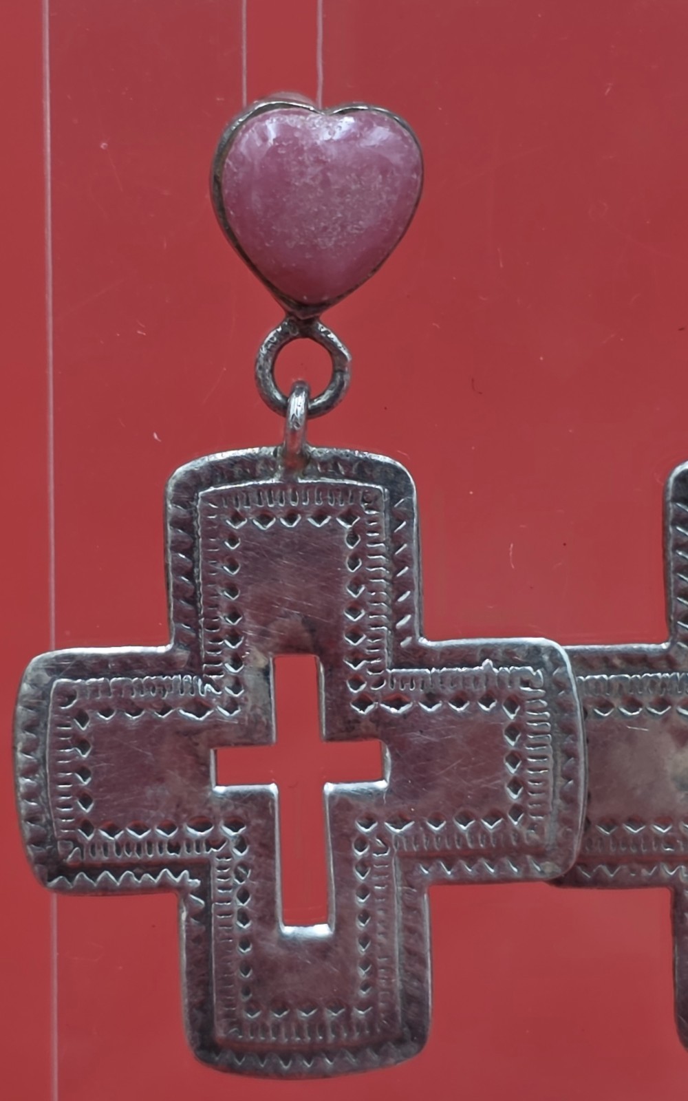 Sterling Silver Stamped Cross Pink Heart Dangle Earrings