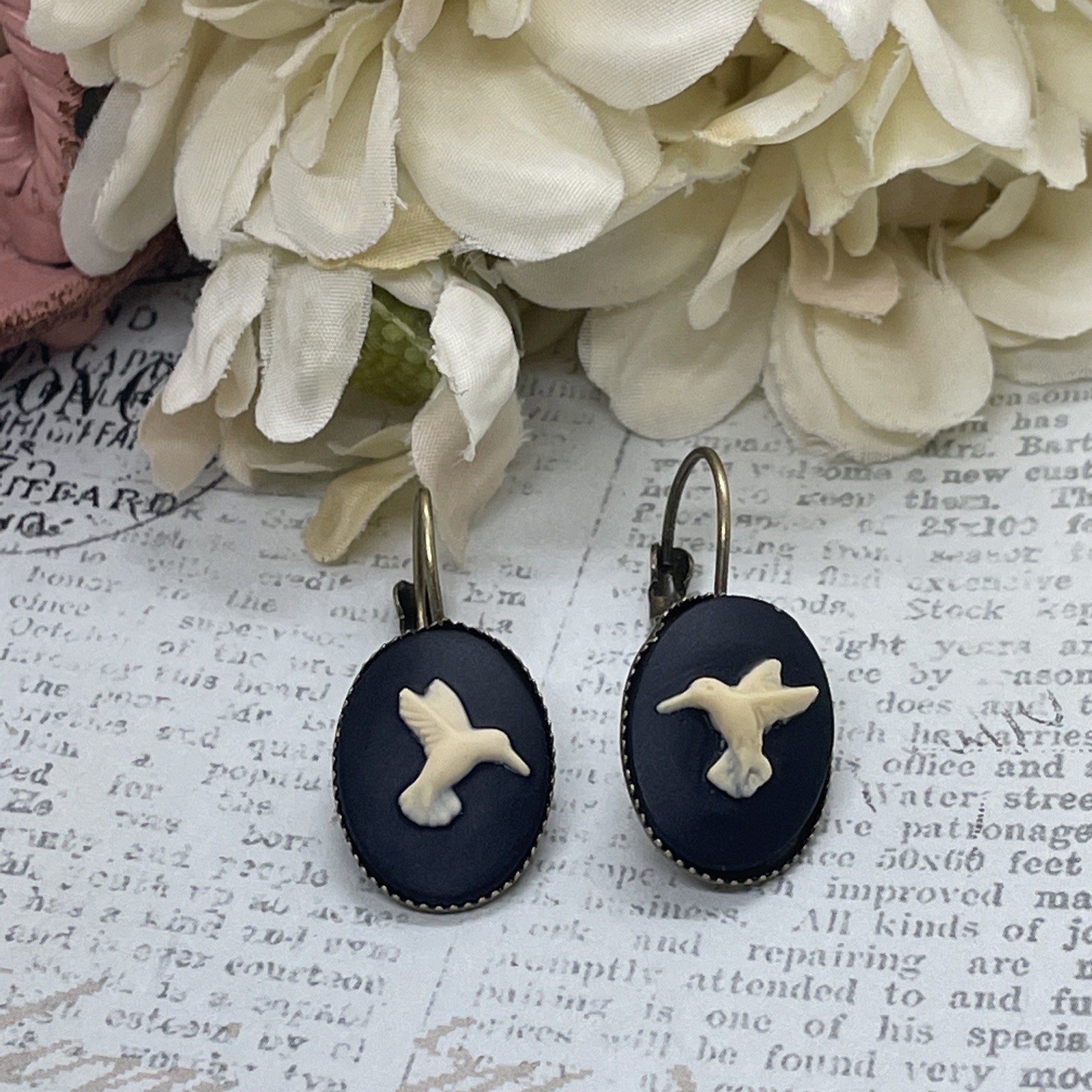Black White Hummingbird Bird Bronze Boutique French Wire Cameo Earrings Wedding