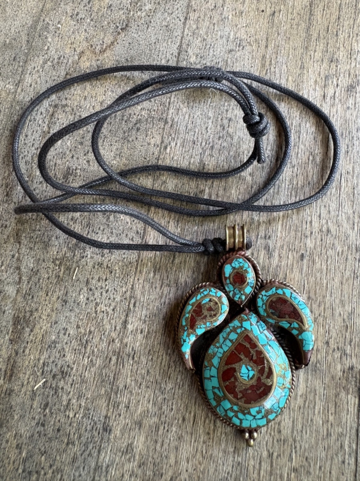 Turquoise and Coral Vintage Brass Nepalese Tibetan Pendant Necklace 26.6 grams