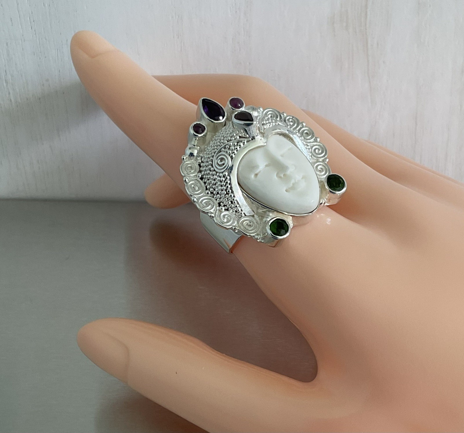 Sajen Silver Carved Goddess Ring Multi Gemstones 925 Sterling Silver Size 9