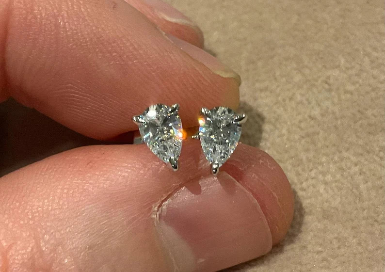 14K Gold Plated Stud Earrings Pear Cut Simulated Diamond 925 Starling Silver