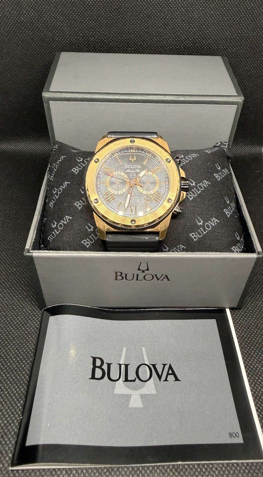 Bulova Marine Star 98B104 Mens Watch Gold Case Blk Rubber Strap 44mm Running