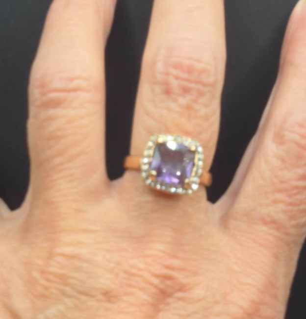 Amethyst and Gold Tone Cushion Cut Halo Cocktail Ring New