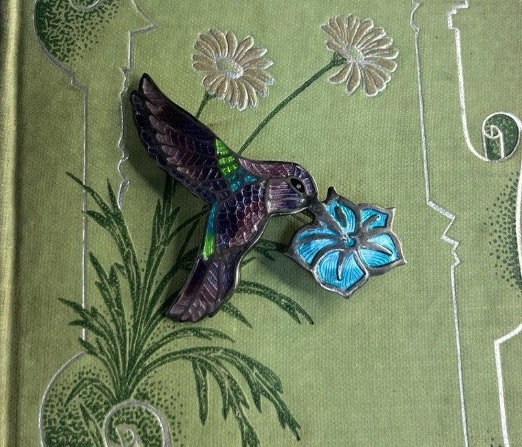Vintage 980 Silver Purple Enamel Hummingbird Brooch Signed Mexico Maya V1897