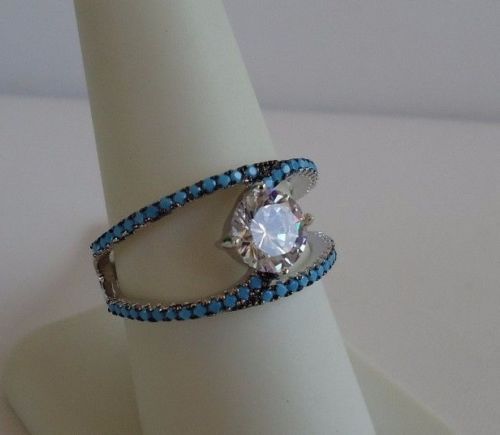 WEDDING RING 925 STERLING SILVER W/ LAB DIAMOND / TURQUOISE / SZ 5,6,7,8,9