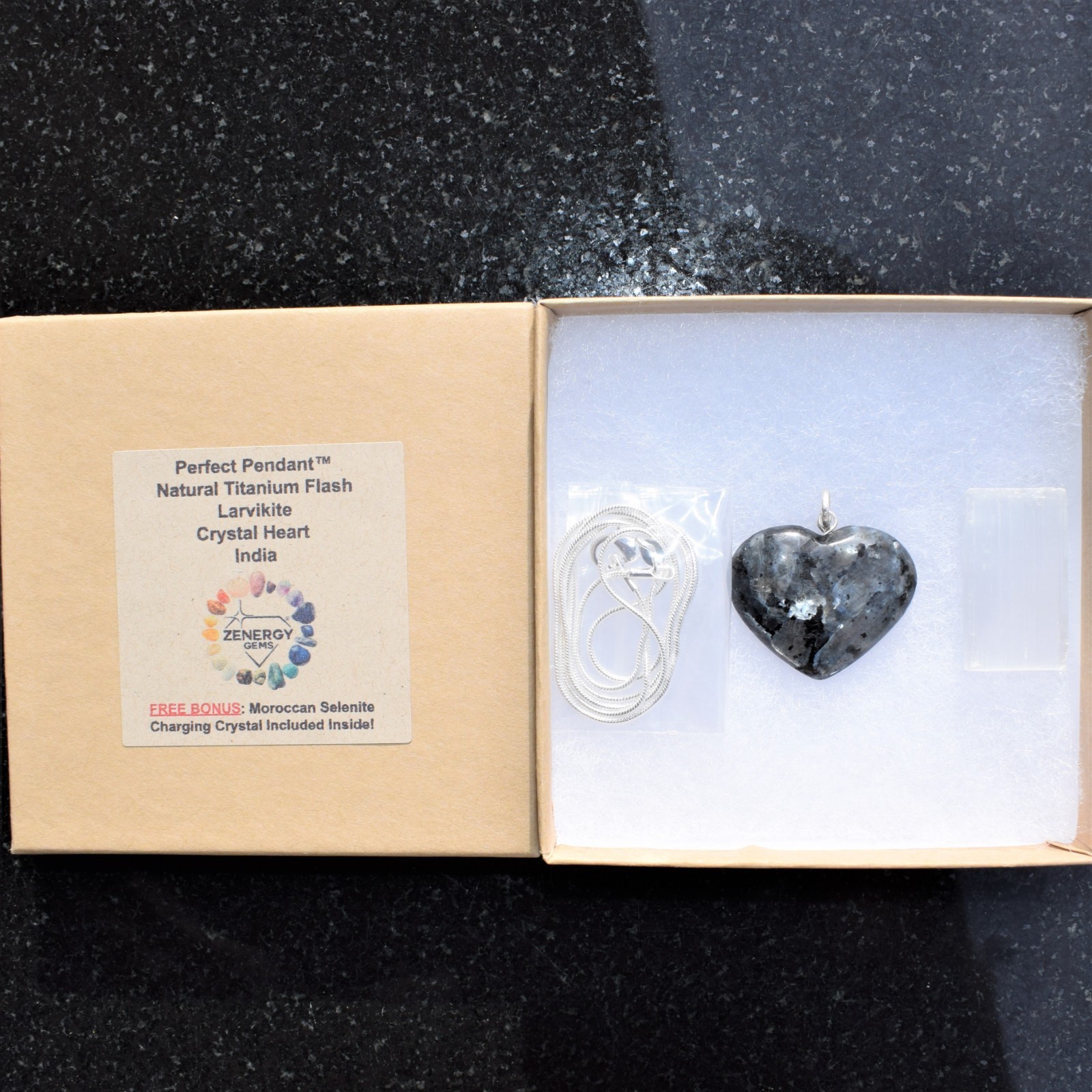 Charged Titanium Flash LARVIKITE Heart Pendant + 20″ Stainless Steel Chain