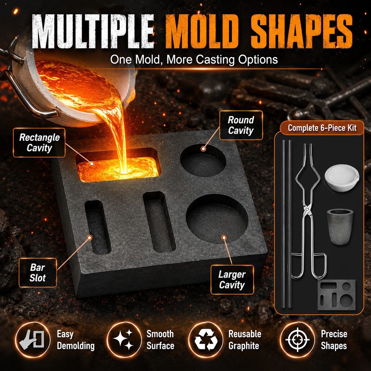 6PCS Graphite Ingot Crucible Mold Kit for Gold Silver Copper Torch Melting Tool