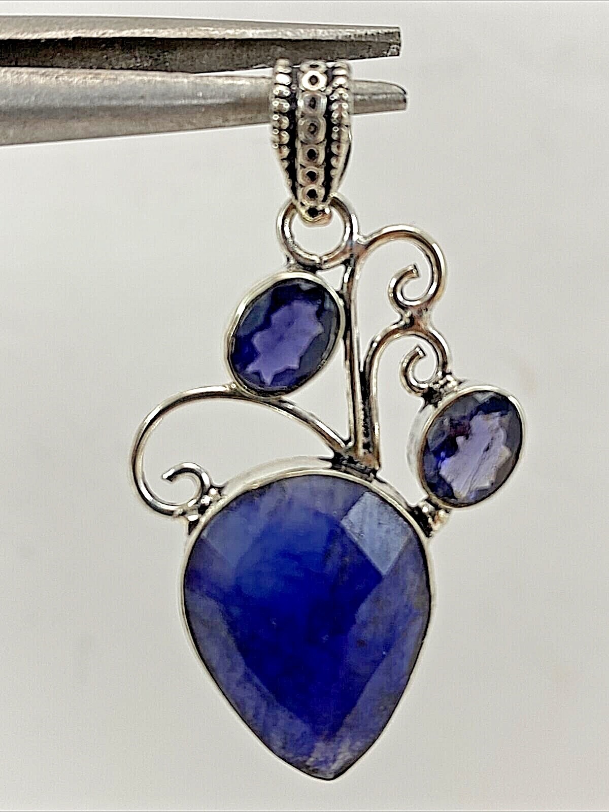 Sterling Silver .925 17mm x 21mm Faceted Pear Sapphire Amethyst Scroll Pendant