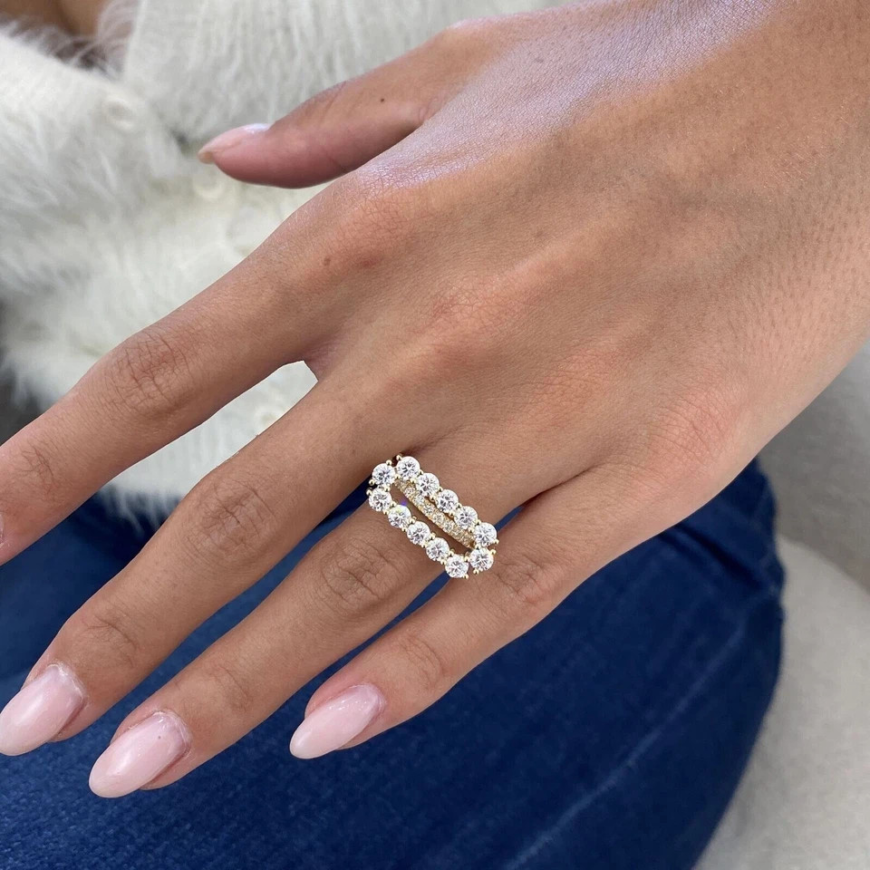 2Ct Round Cut Simulated Real Moisannite Fancy Band Ring 14k Yellow Gold Plated