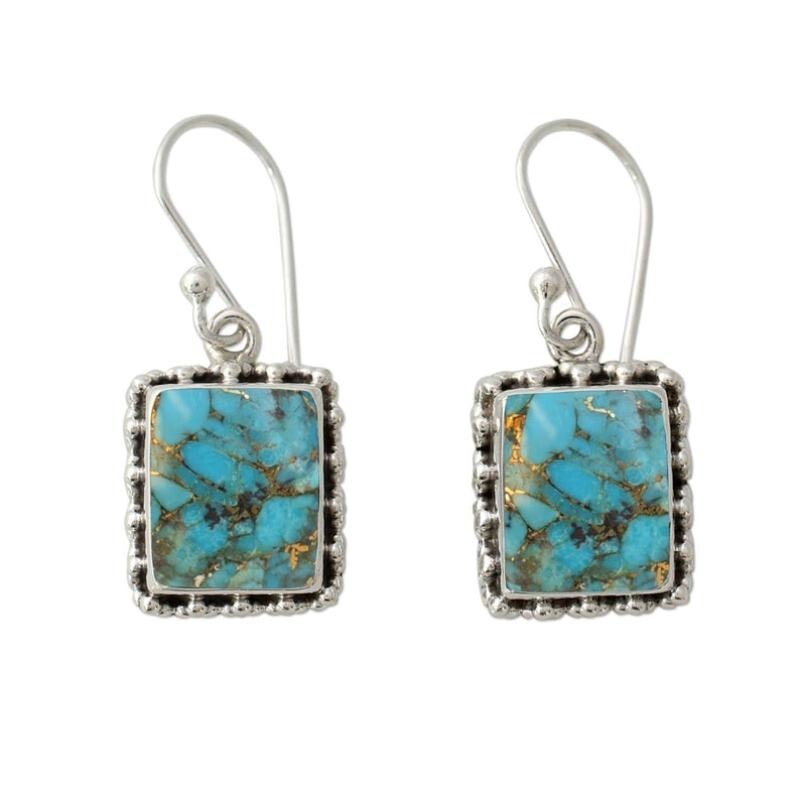 925 Sterling Silver Blue Copper Turquoise Handmade Genuine Earrings For Women