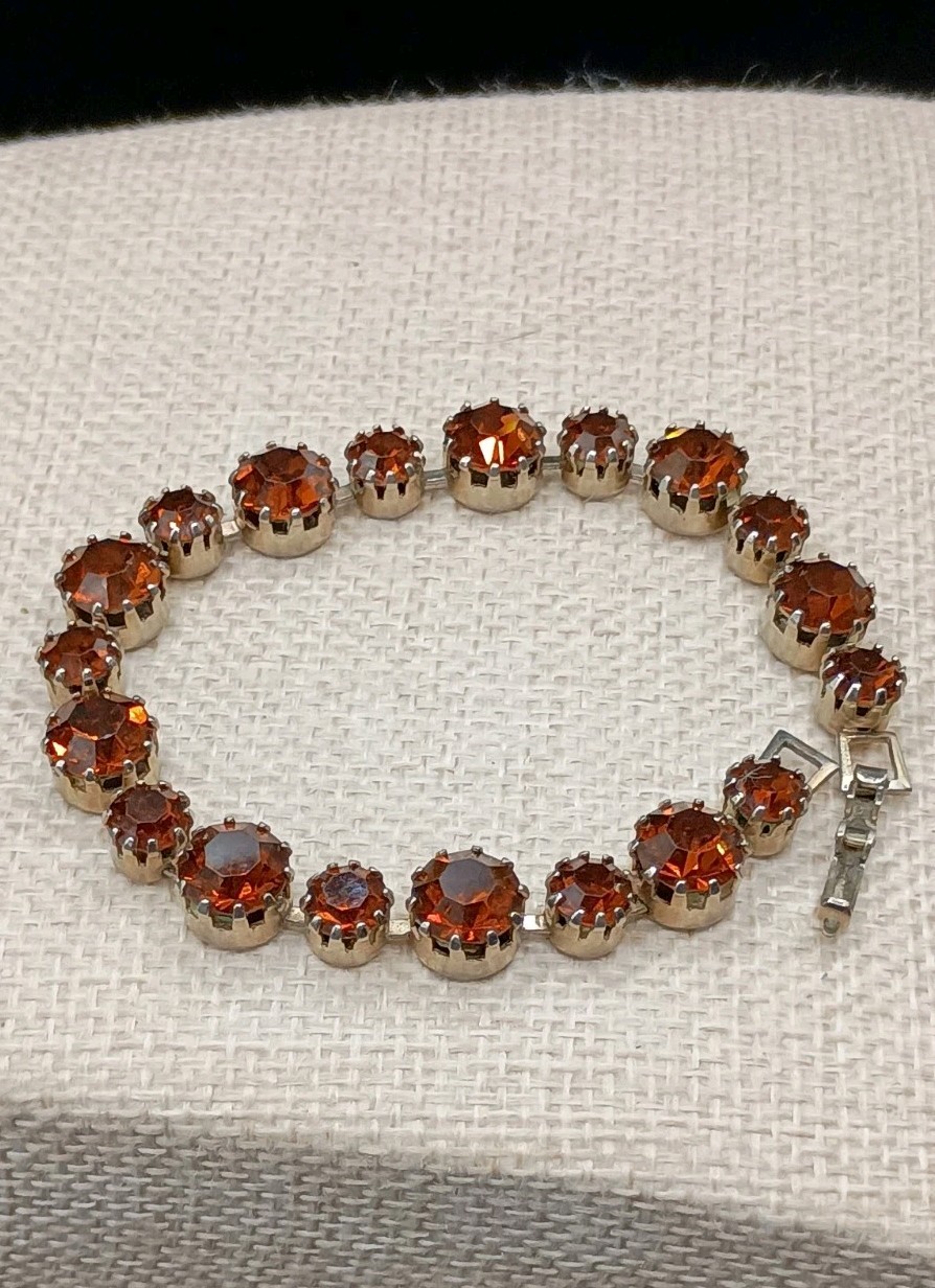Vintage Rhinestone Tennis Bracelet Orange Brown Stone Sparkly 7.25″