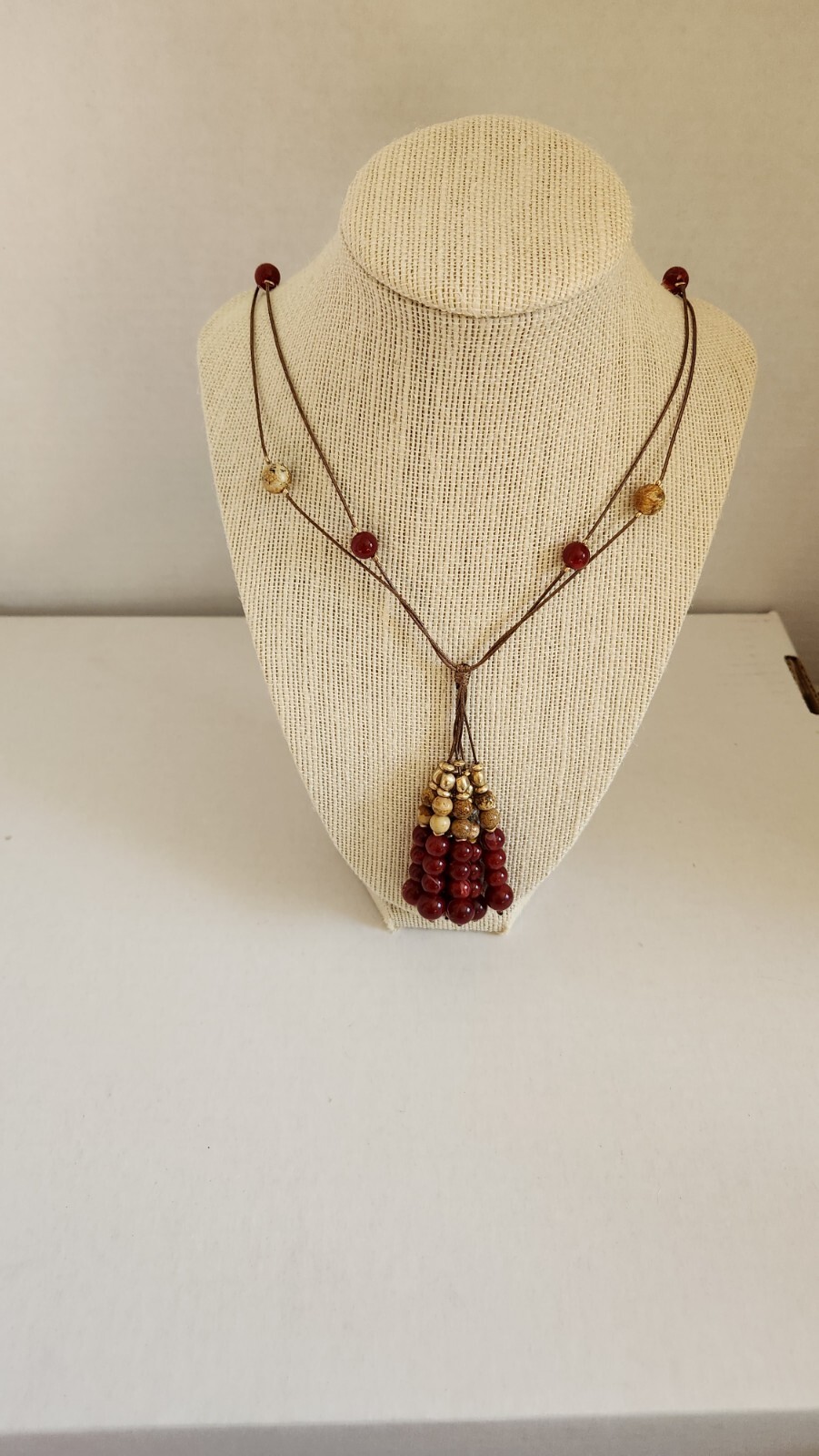 Ashley Cooper Multi Strand String Beaded Necklace Red and Neutral Colors