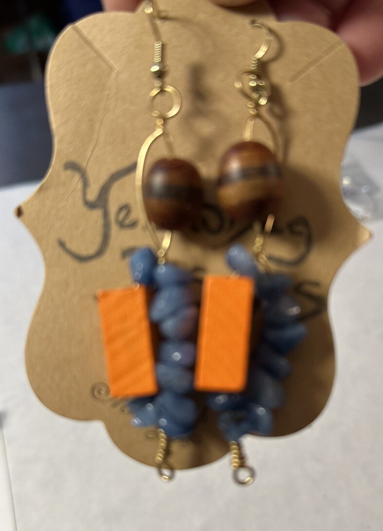 Yellow bag Pierced Drop Earrings-orange, Blue And Brown Design