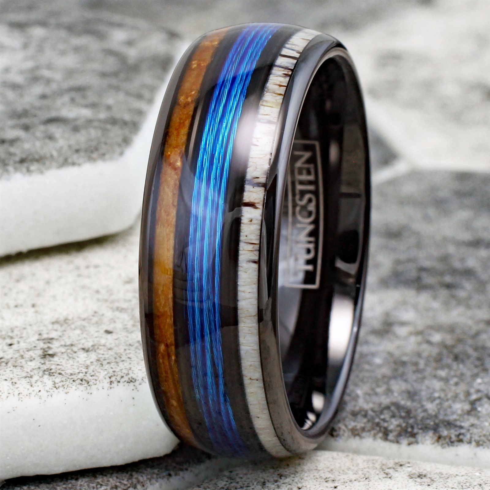 Tungsten Carbide Men’s Ring Blue Fishing Line-Whiskey Barrel & Deer Antler Band