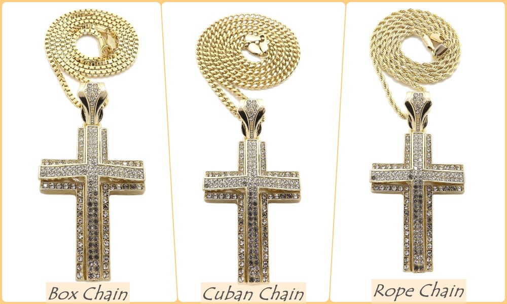 Stone Filled Cross Pendant Box, Cuban, Rope Chain 18″ to 24″ Necklace GAP5