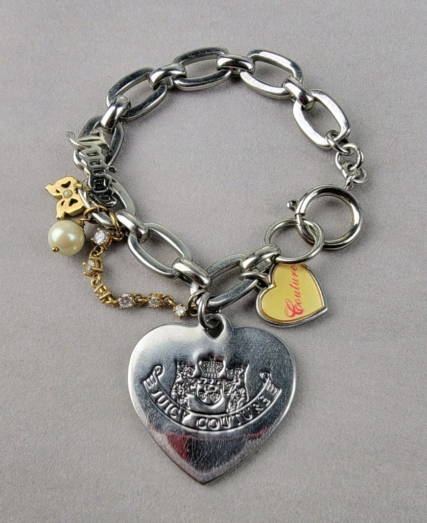 Vintage Juicy Couture Charm Bracelet Let Them Eat Couture Silver Tone 7″