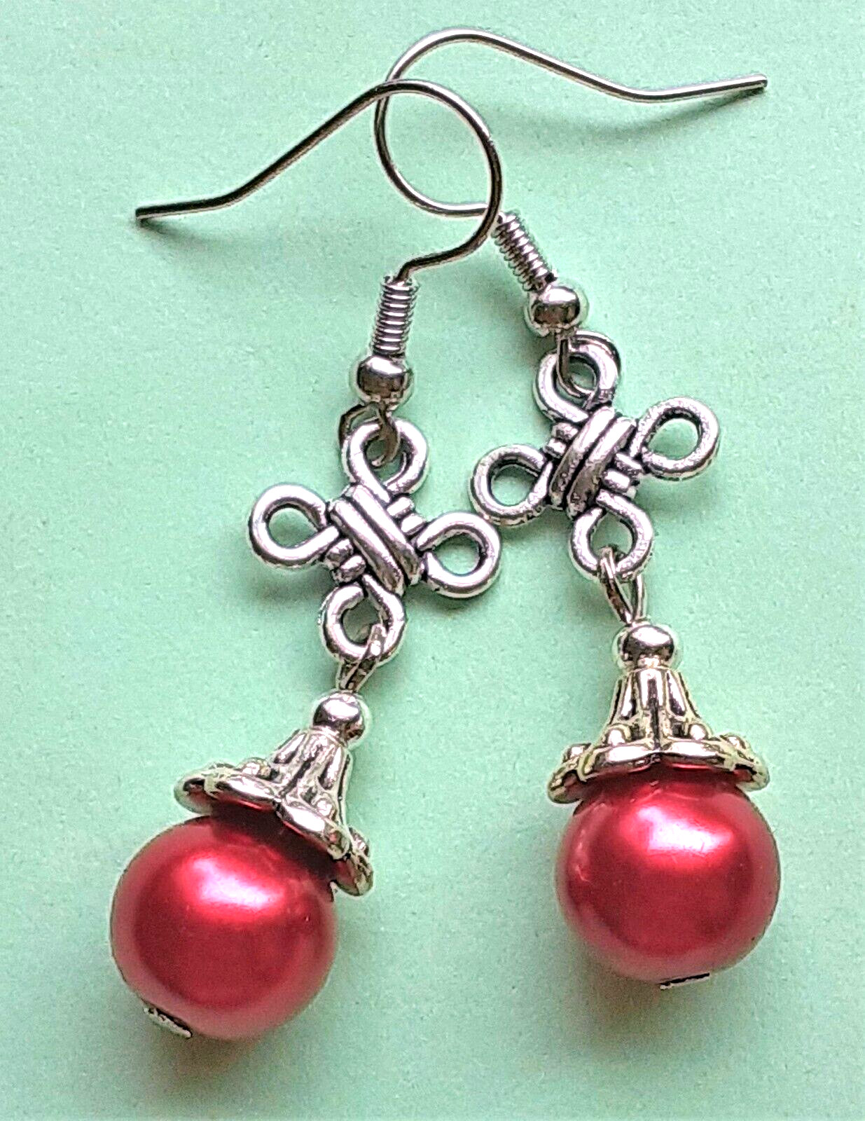 RED CELTIC KNOT GLASS PEARL drop earring SP FISH hook WPGH15