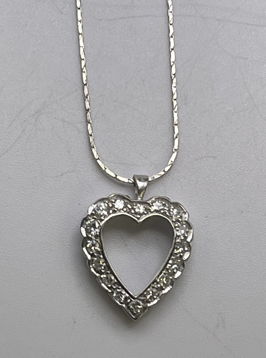 14K White Gold 18 Inch Necklace w/ Diamond Heart Pendant .18tcw 3.2grams