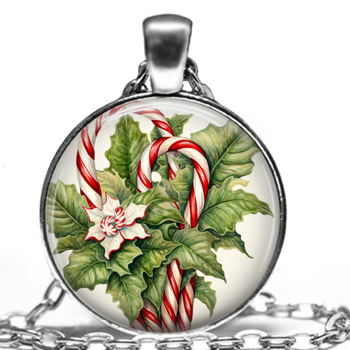 Christmas Candy Canes Holly Berries Holiday Gift Pendant Necklace 24″ Link Chain