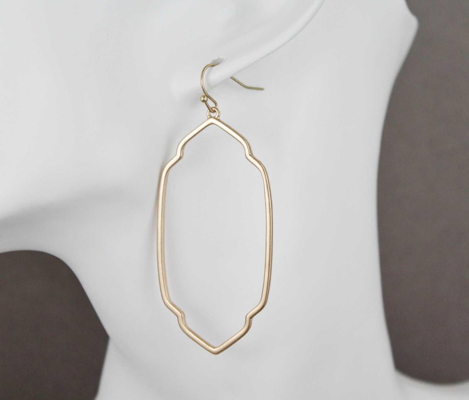 Gold oval teardrop earrings dangle cutout filigree oval outline 2.75″ long