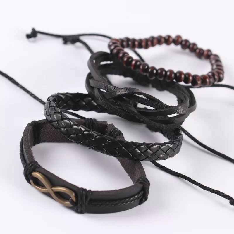 Popular Men’s Cowhide Trendsetter Leather Bracelet Alloy Infinity Wood Bead PU