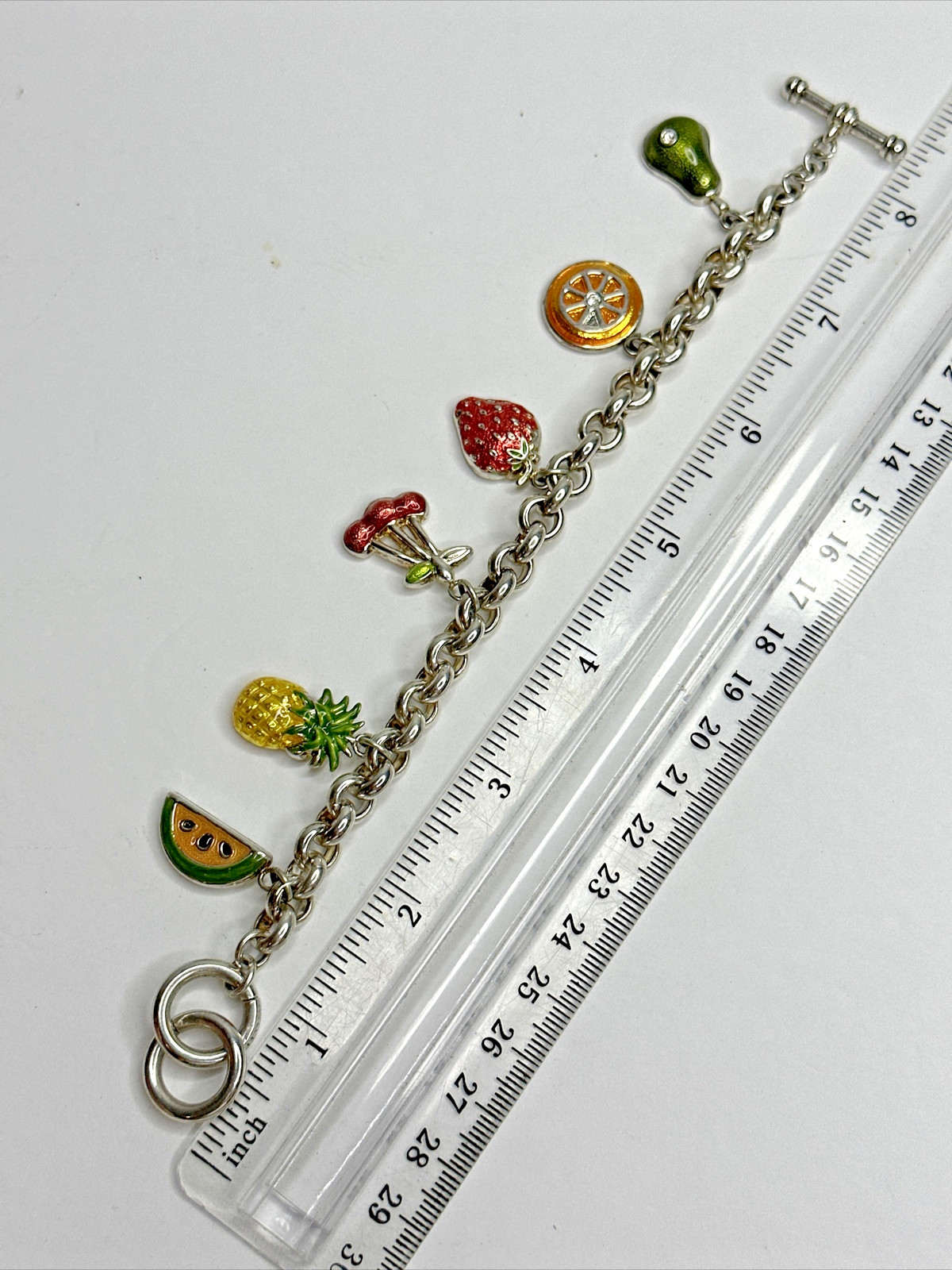 Best Brand Charm Bracelet Fruit Cherry Orange Strawberry Pear Silver Plated 8″