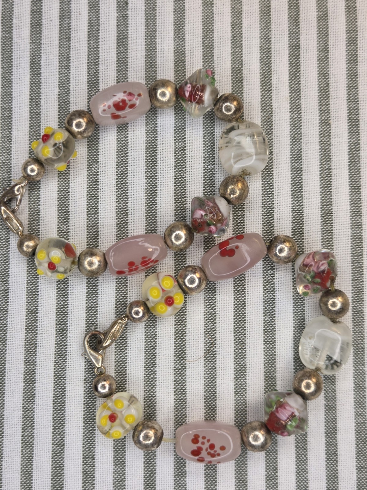 Set Of 2 Multicolor Lampwork Glass Beaded Bracelet, Floral Round Beads