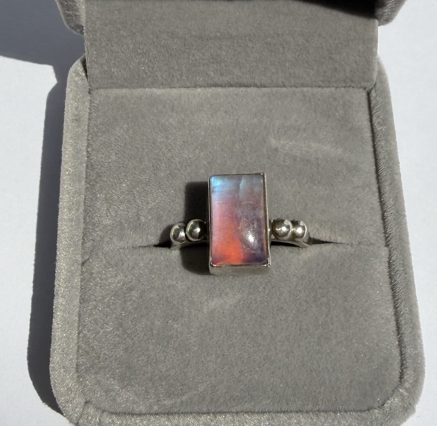 925 Sterling Silver Rainbow Moonstone Style Ring Size 7.5 Rectangular Cabochon