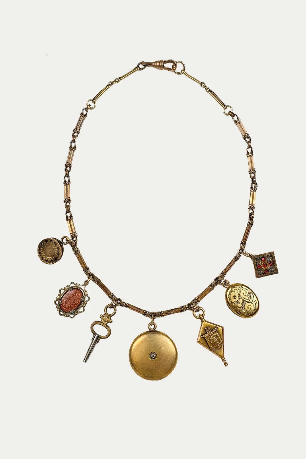 Antique Vintage Charm Necklace: Fobs, Goldstone, Keys & Lockets – Reworked