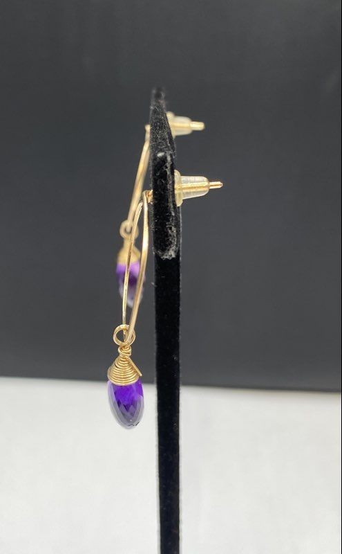 10K Yellow Gold Amethyst Briolette Hoop Dangle Earrings 2.4g 1.5″