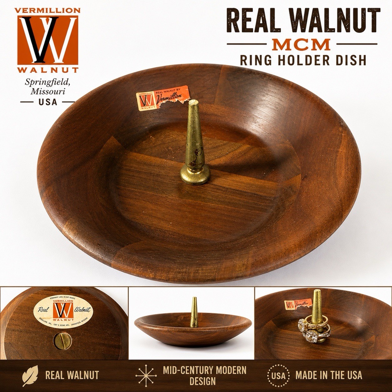 VTG Vermillion Walnut Ring Holder Dish MCM Wood Jewelry Tray USA