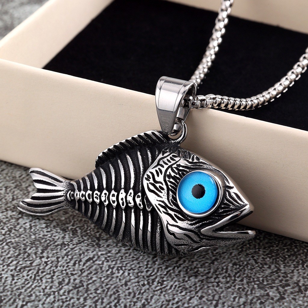 Fish Aquatic Jewelry w/ Blue Eye Fishing Animal Pendant Necklace Stainless Steel