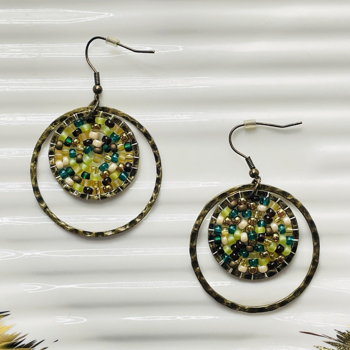 Multicolor Gold Tone Beaded Double Hoop Dangle/Drop Earrings Hook Closure