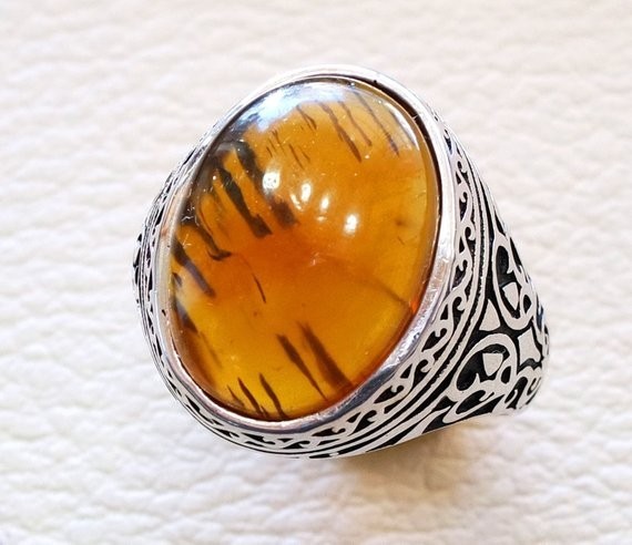 Solid 925 Sterling Silver Natural Baltic Amber Gemstone Signet Men’s Unisex Ring