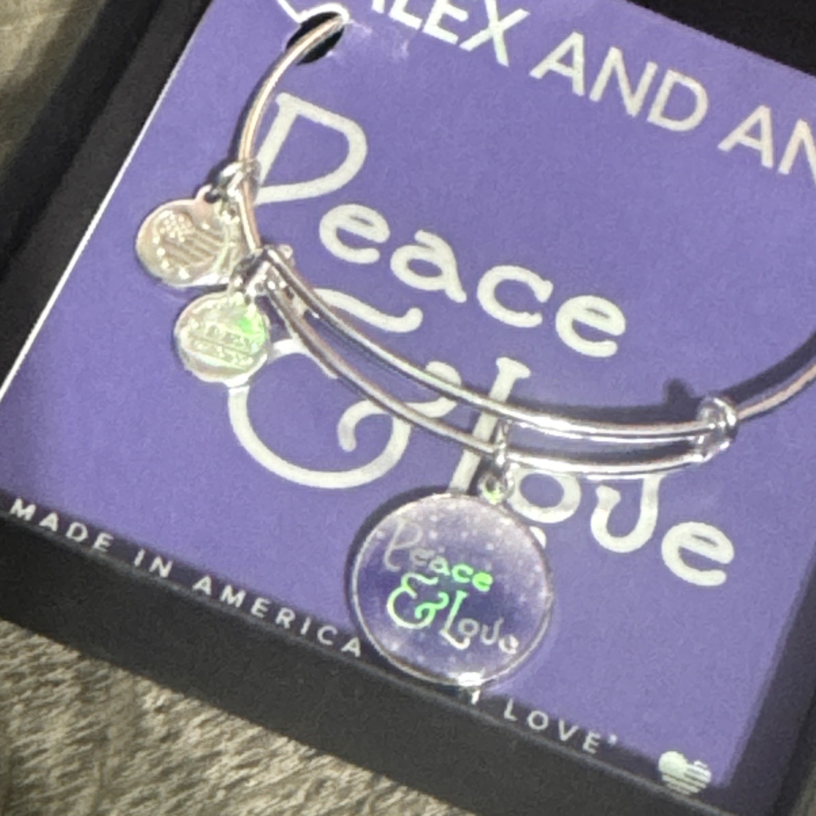 Alex And Ani Charm Bangle Bracelet Silver Tone NIB Peace And Love Charm USA Made