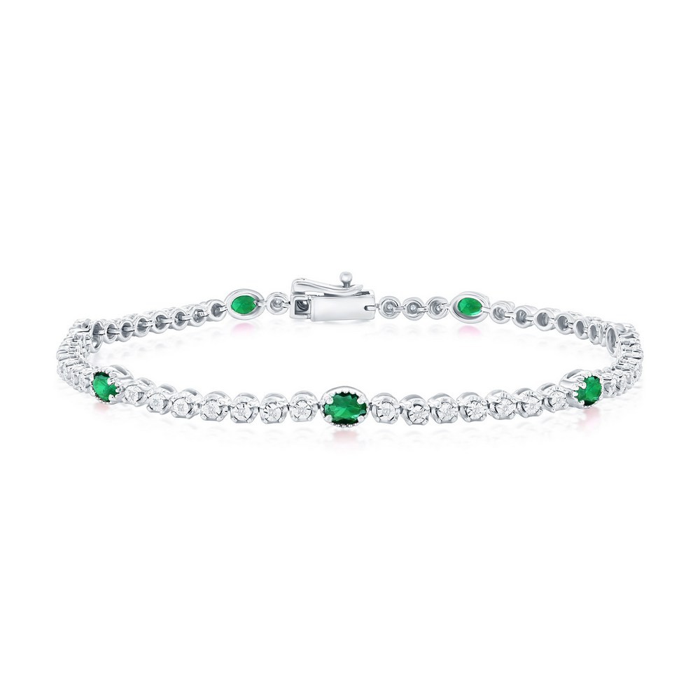 Sterling Silver Lab-Grown 1.14ct Oval Emerald & 0.09ct Bracelet Rhodium Plated