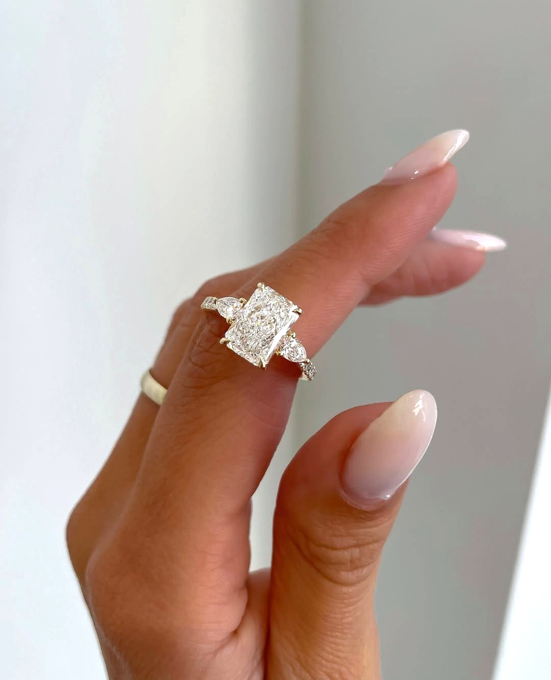 4 CT Radiant Cut Moissanite 3 Stone Engagement Ring Pear Sides Pave Band 925 Sil