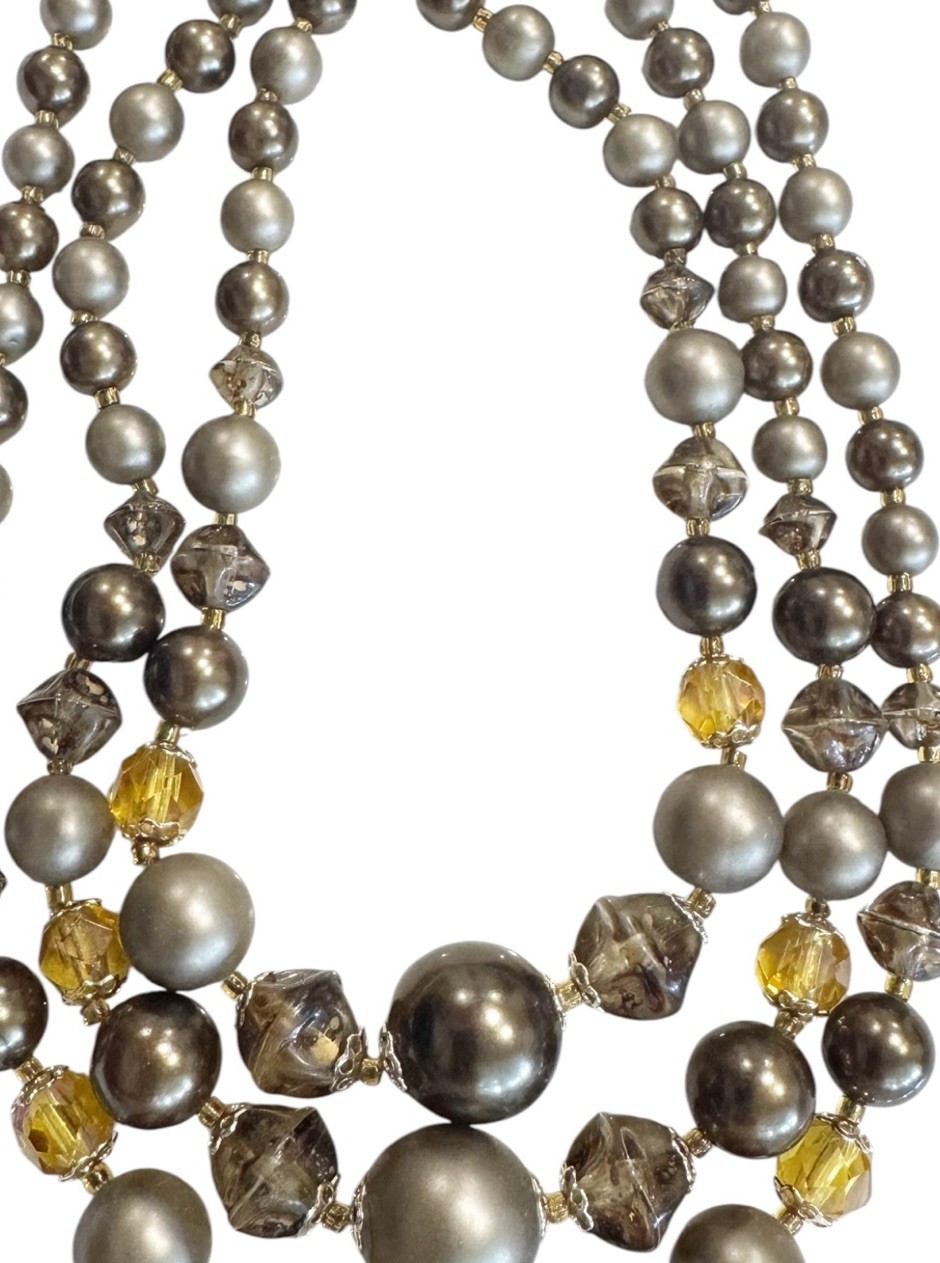 Vintage 3-Strand Simulated Pearl & Amber Bib Style Choker Statement Necklace