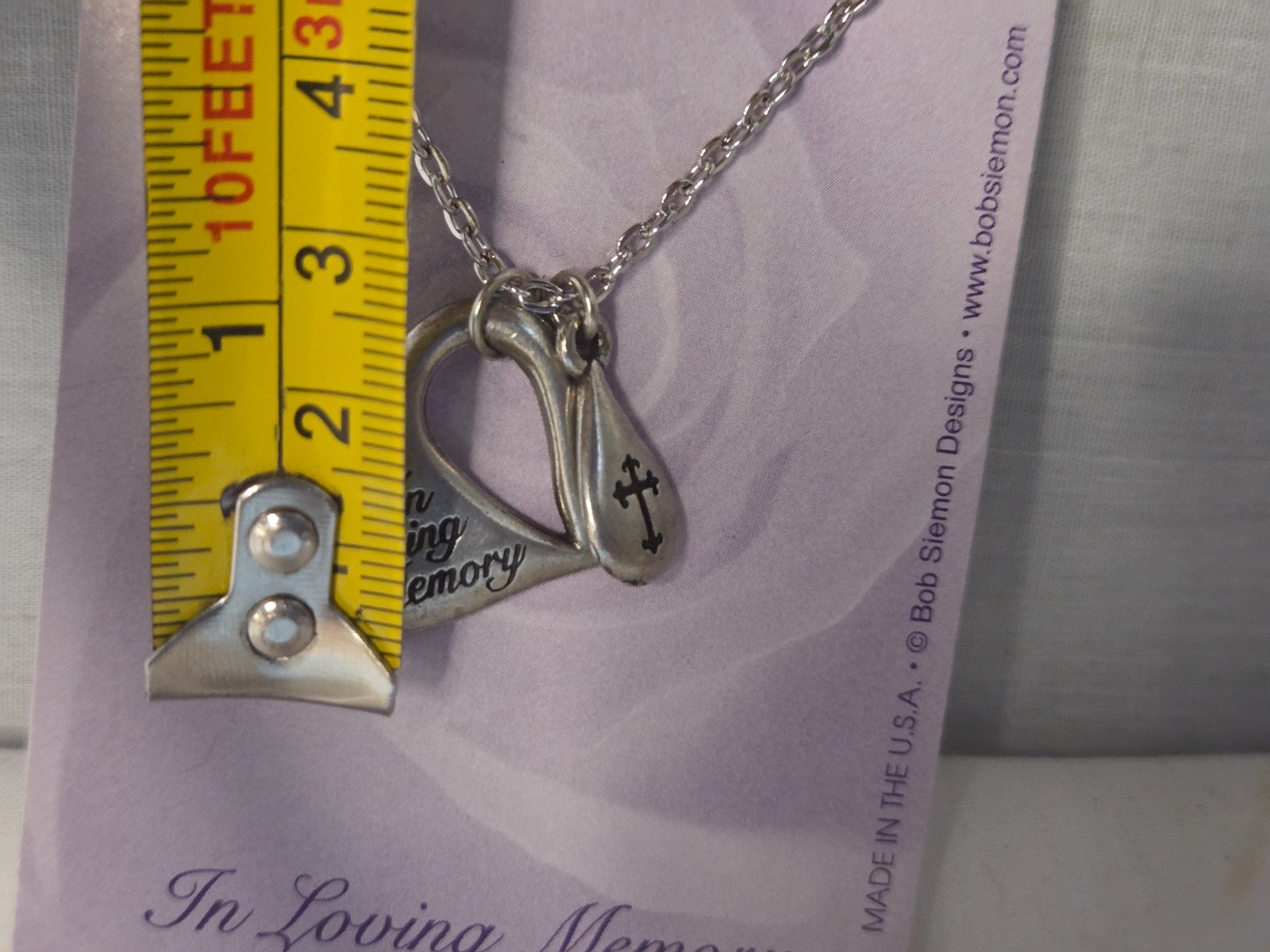 Bob Siemon Pewter In Loving Memory Heart Cross Pendant Necklace 10” Rev 21.4