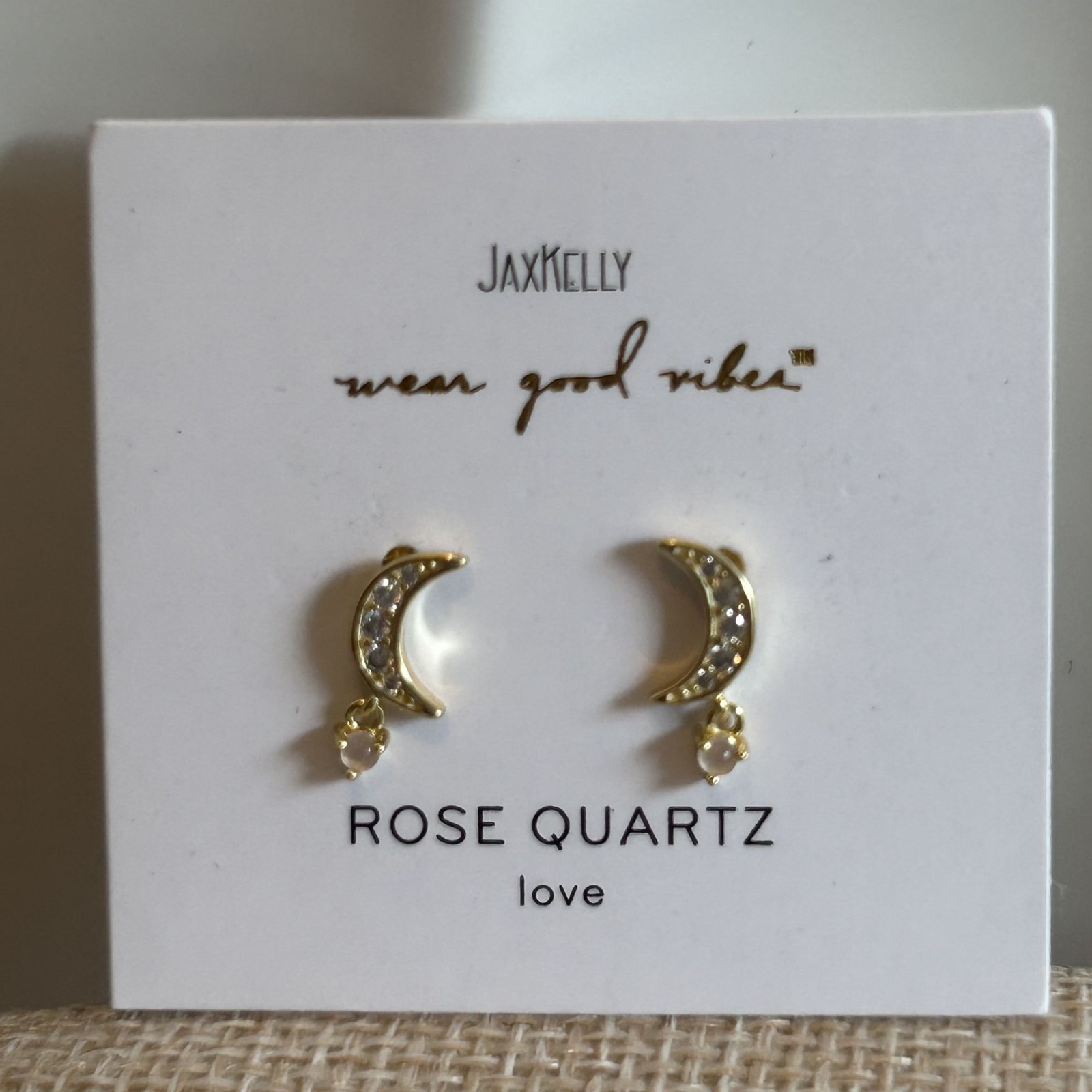 NEW Jax Kelly Rose Quartz Gold Crescent Moon Gemstone Drop Earrings Love CZ
