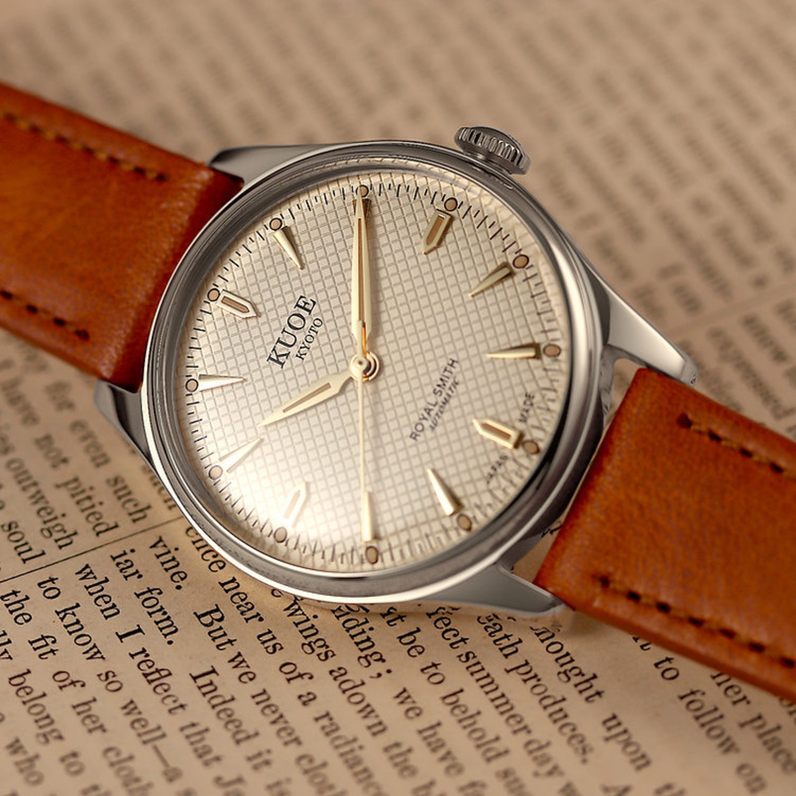 Kuoe Royal Smith 90-006 Automatic Silver Watch Men Ivory Waffle Dial Tan Strap