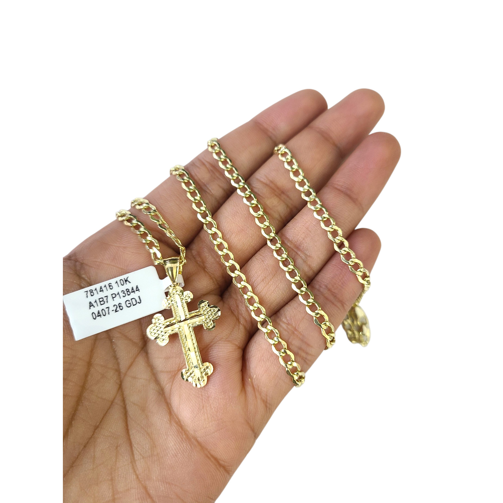 10K Gold Cuban Curb Link Chain Necklace Christ Cross Pendant Set 3mm 18″–24″
