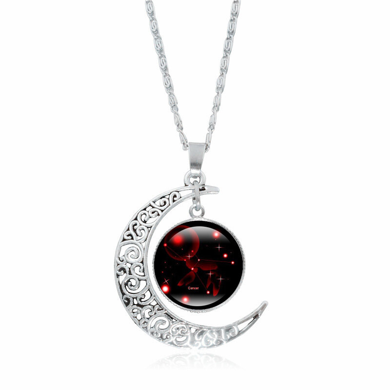 Moon Shaped Zodiac Sign Necklace Horoscope Astrological Pendant with 17″ Chain