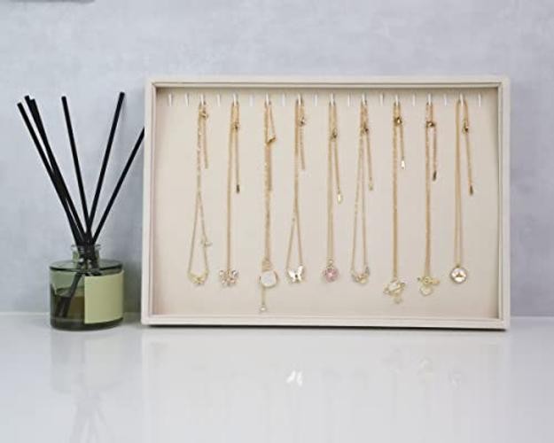 Hooks Necklace Organizer Tray, Stackable Jewelry Organizer for Women, 20 Beige