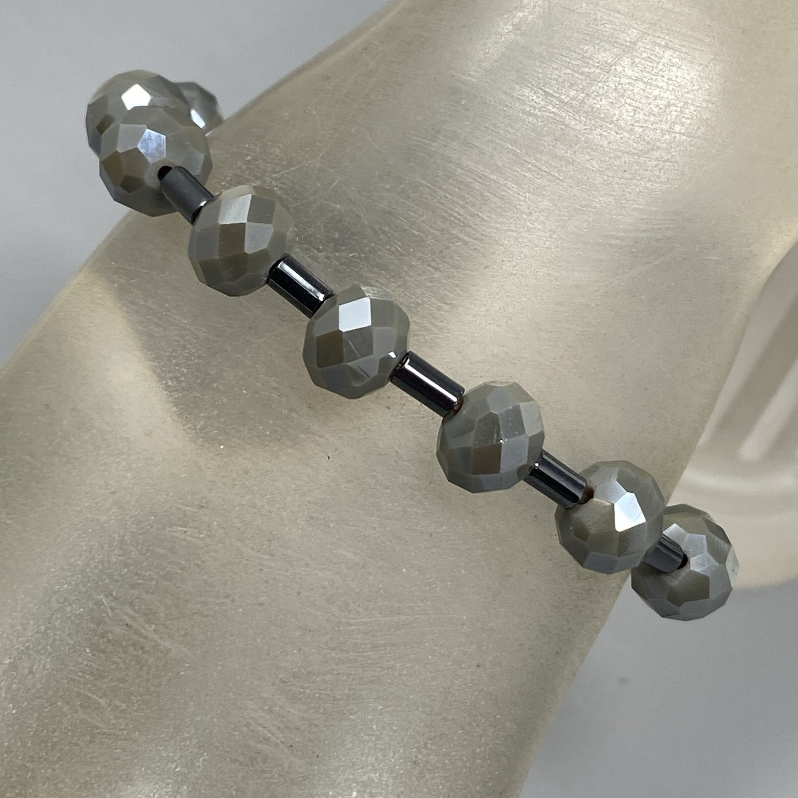 Gray Metallic Glass Bracelet Stretch Aurora Borealis Coated Faceted Tube Spacer